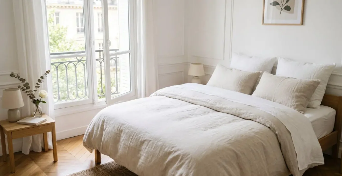 Chambre française contemporaine lumineuse avec lit double habillé de linge blanc immaculé fraîchement fait, ambiance aérée et confortable