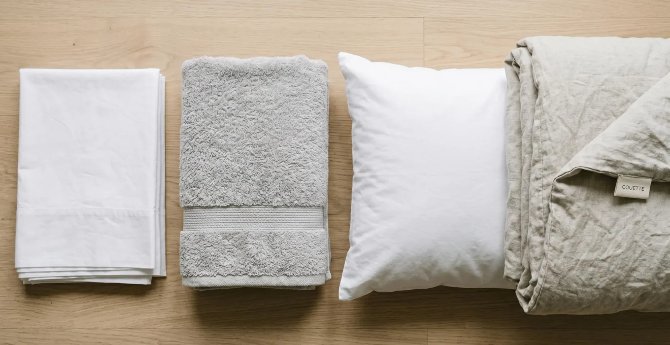 Composition flat lay organisée montrant drap plié, serviette épaisse, oreiller et housse de couette disposés horizontalement sur surface claire