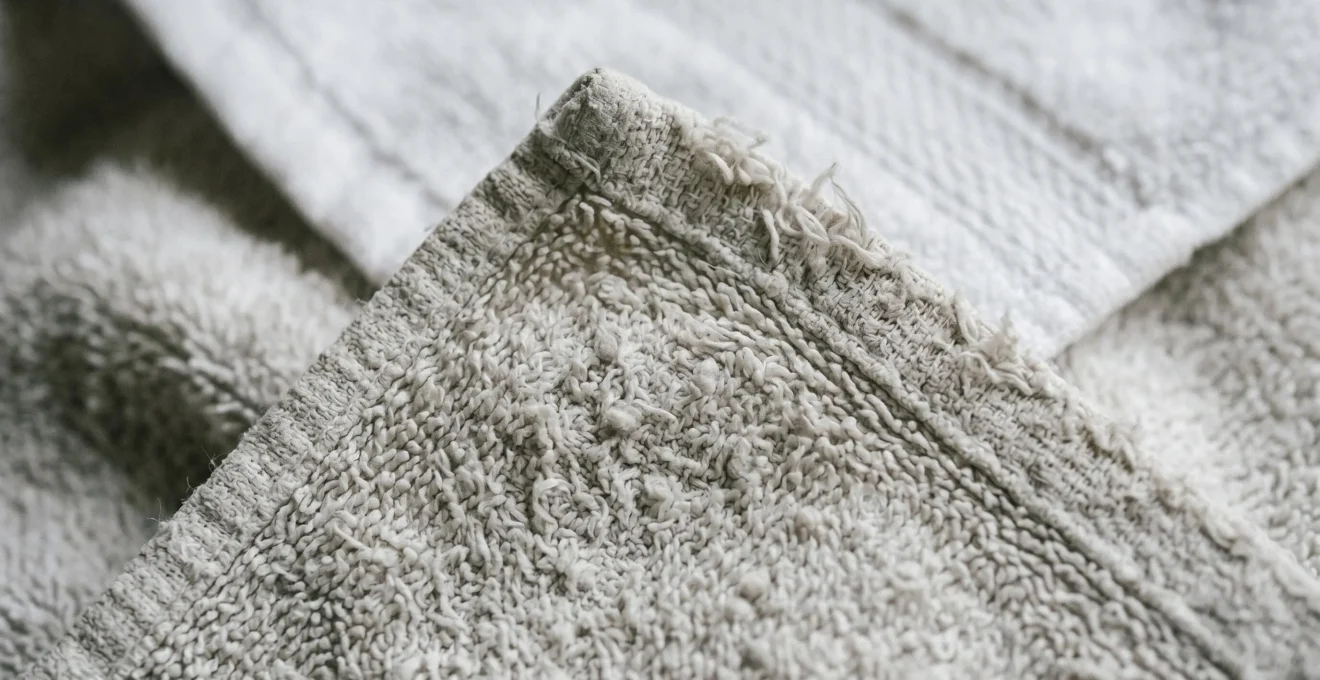 Gros plan macro sur serviette montrant bouloches et effilochage, signes d'usure textile après usage prolongé