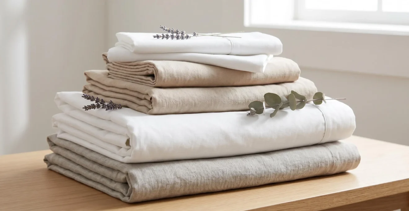 Pile soigneusement arrangée de linge de lit et serviettes en coton blanc et teintes naturelles sur surface bois clair, éclairée par lumière naturelle douce, texture tissage visible