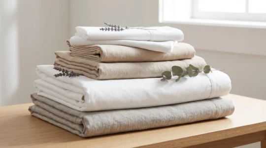 Pile soigneusement arrangée de linge de lit et serviettes en coton blanc et teintes naturelles sur surface bois clair, éclairée par lumière naturelle douce, texture tissage visible