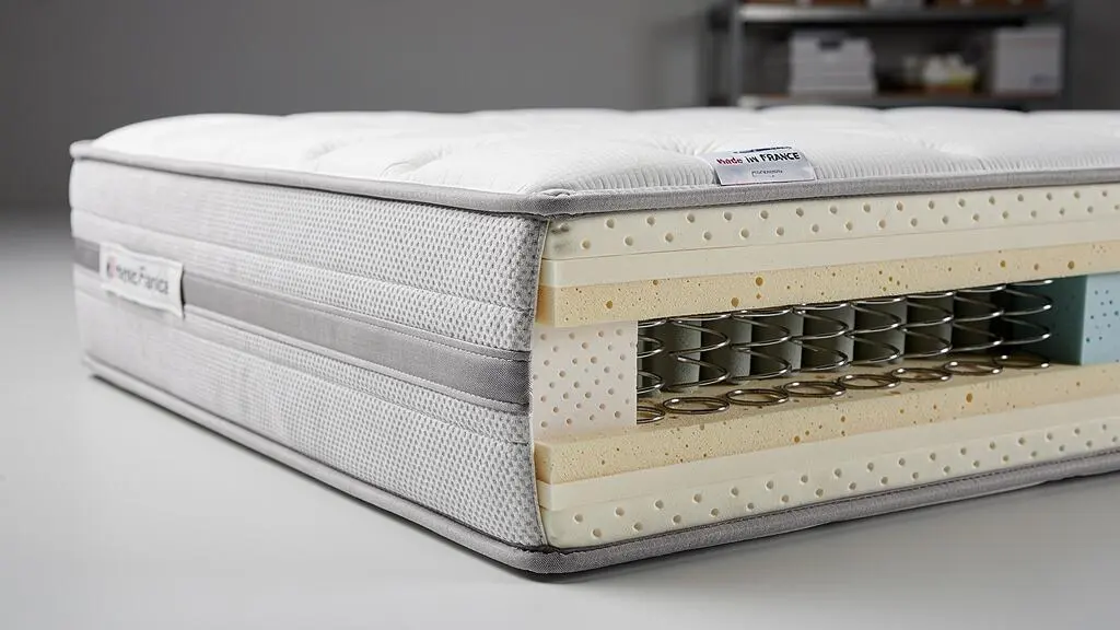 Coupe transversale d'un matelas moderne montrant les couches internes incluant mousse, ressorts et tissus techniques
