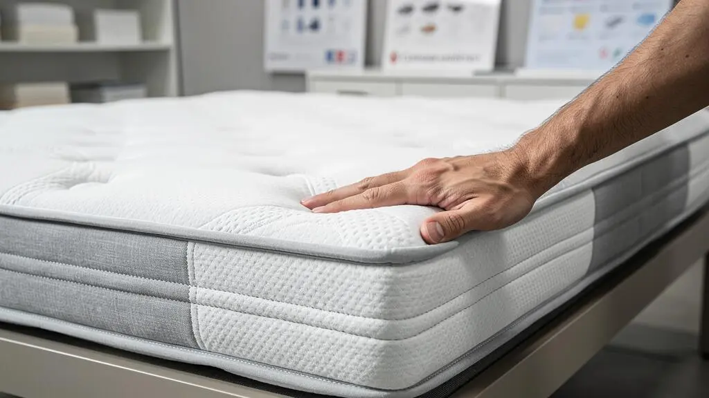 Surface de matelas montrant les zones de confort différenciées avec une main testant la fermeté