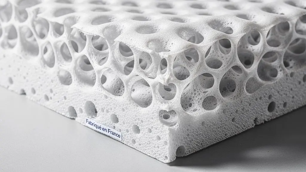 Vue macro de la structure cellulaire de la mousse à mémoire de forme avec canaux d'air visibles