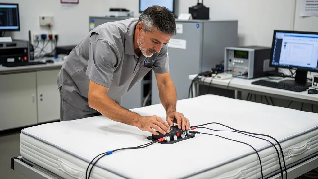 Technicien de contrôle qualité testant la distribution de pression sur un matelas en laboratoire